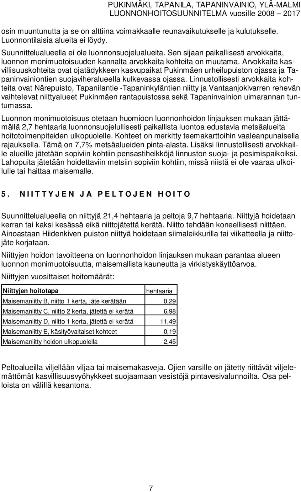 Arokkaita kasillisuuskohteita oat ojatädykkeen kasupaikat Pukinäen urheilupuiston ojassa ja Tapaninainiontien suojaiheralueella kulkeassa ojassa.