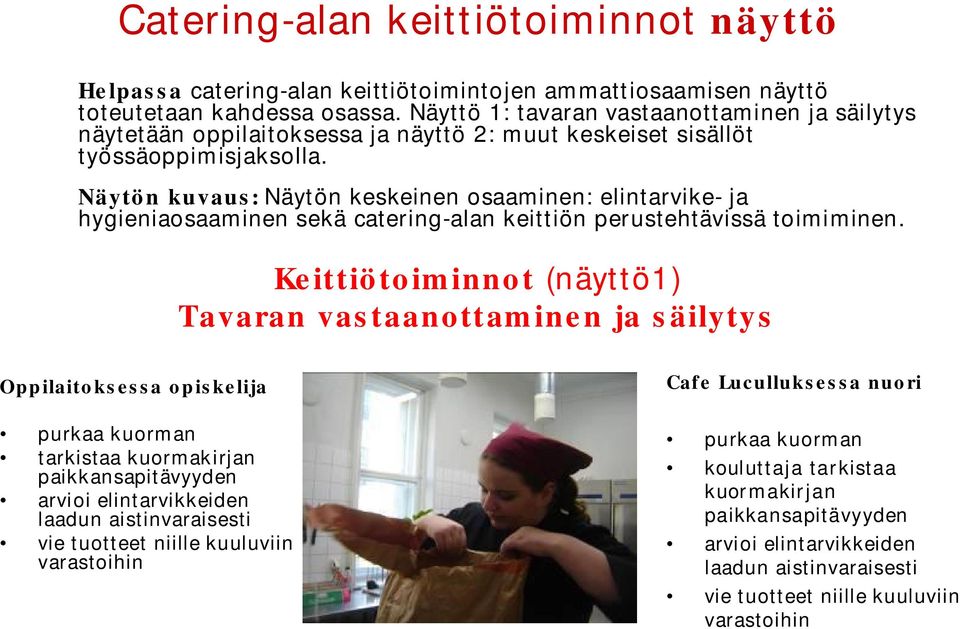 Näytön kuvaus: Näytön keskeinen osaaminen: elintarvike ja hygieniaosaaminen sekä catering alan keittiön perustehtävissä toimiminen.