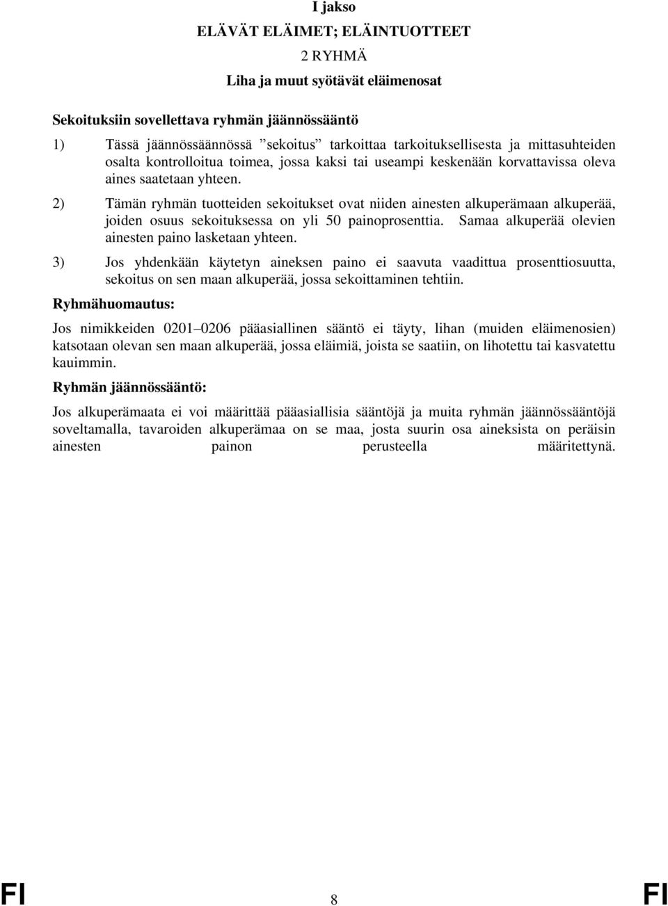 2) Tämän ryhmän tuotteiden sekoitukset ovat niiden ainesten alkuperämaan alkuperää, joiden osuus sekoituksessa on yli 50 painoprosenttia. Samaa alkuperää olevien ainesten paino lasketaan yhteen.