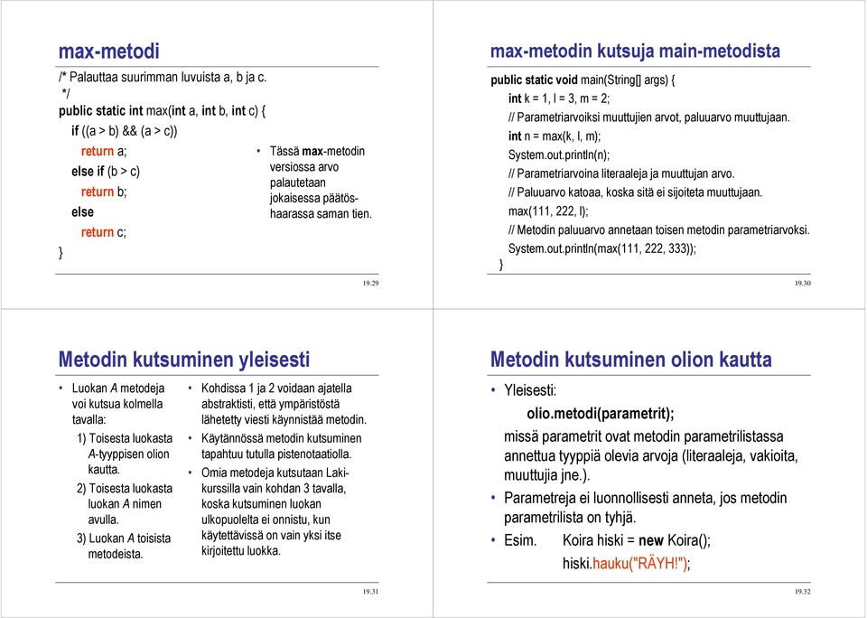 tien. 19.29 max-metodin kutsuja main-metodista public static void main(string[] args) { int k = 1, l = 3, m = 2; // Parametriarvoiksi muuttujien arvot, paluuarvo muuttujaan.