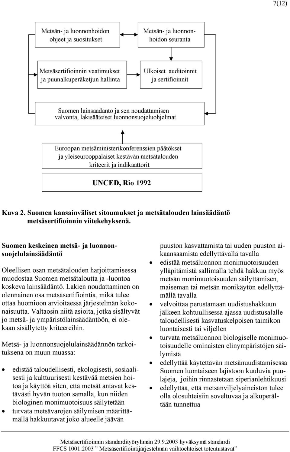 indikaattorit UNCED, Rio 1992 Kuva 2. Suomen kansainväliset sitoumukset ja metsätalouden lainsäädäntö metsäsertifioinnin viitekehyksenä.