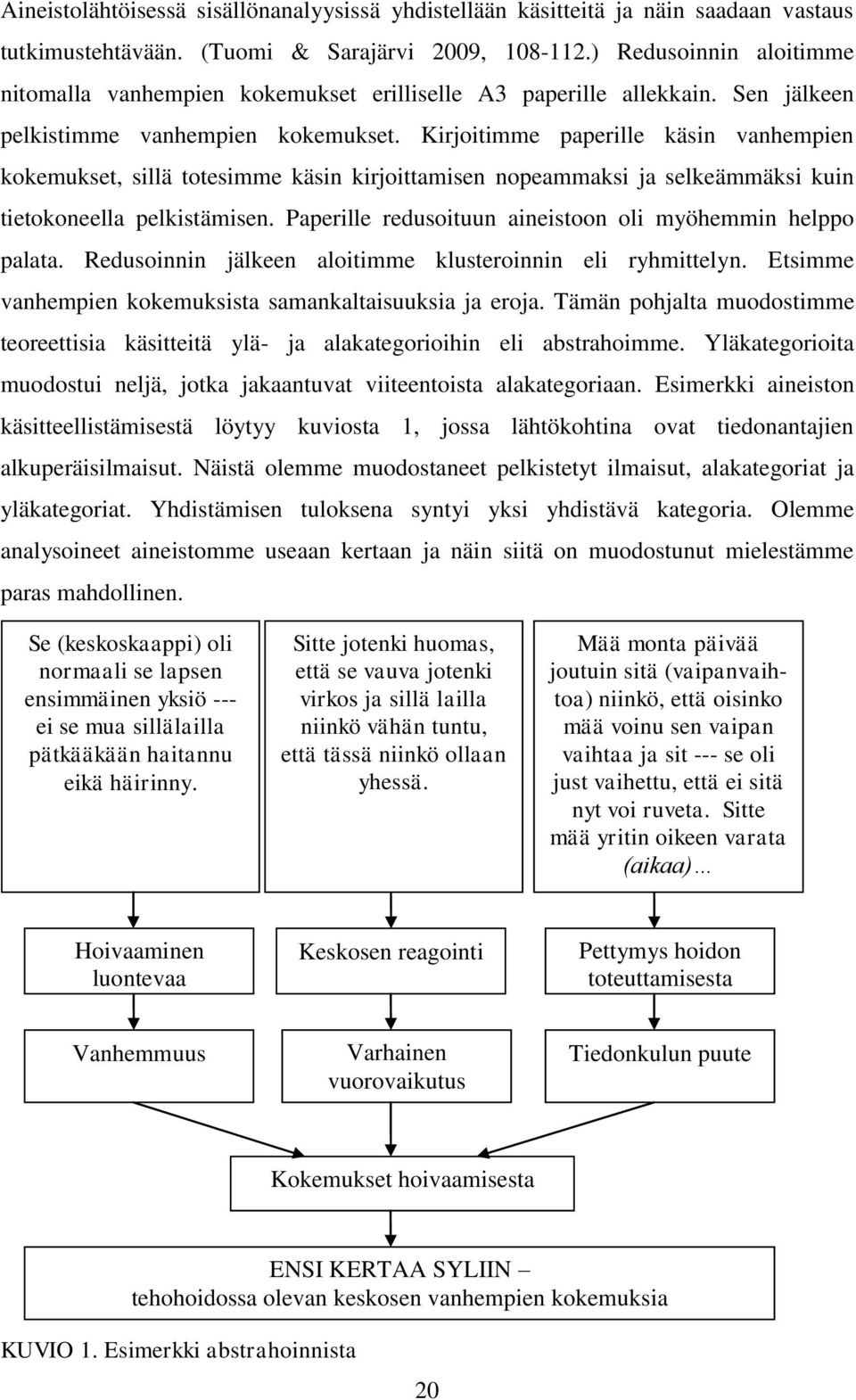 Kirjoitimme paperille käsin vanhempien kokemukset, sillä totesimme käsin kirjoittamisen nopeammaksi ja selkeämmäksi kuin tietokoneella pelkistämisen.