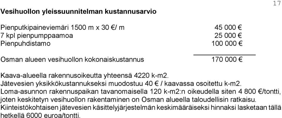 Jätevesien yksikkökustannukseksi muodostuu 40 / kaavassa osoitettu k-m2.