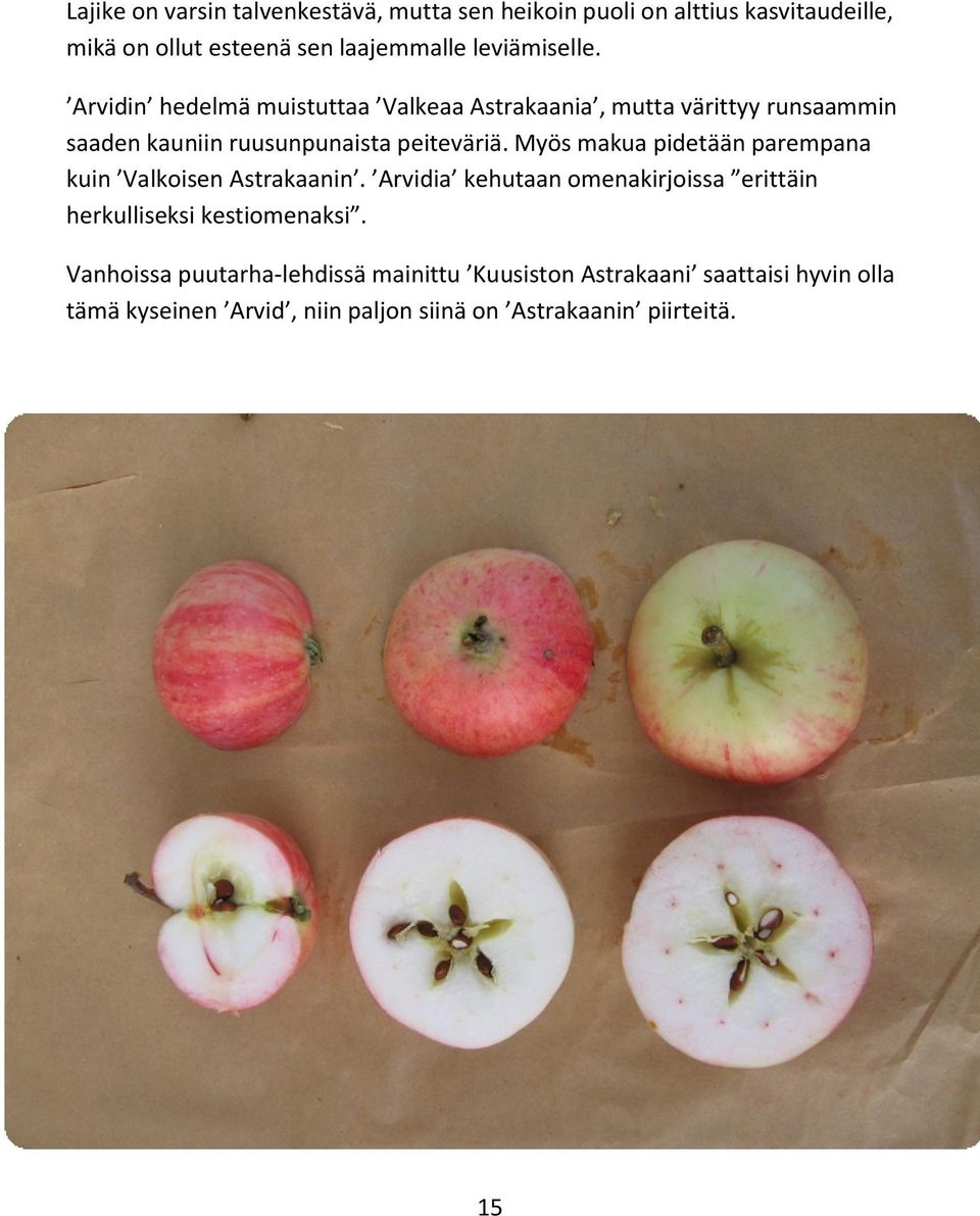 Myös makua pidetään parempana kuin Valkoisen Astrakaanin. Arvidia kehutaan omenakirjoissa erittäin herkulliseksi kestiomenaksi.