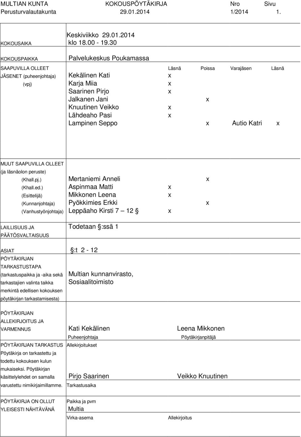 Lähdeaho Pasi x Lampinen Seppo x Autio Katri x MUUT SAAPUVILLA OLLEET (ja läsnäolon peruste) (Khall.pj.) Mertaniemi Anneli x (Khall.ed.