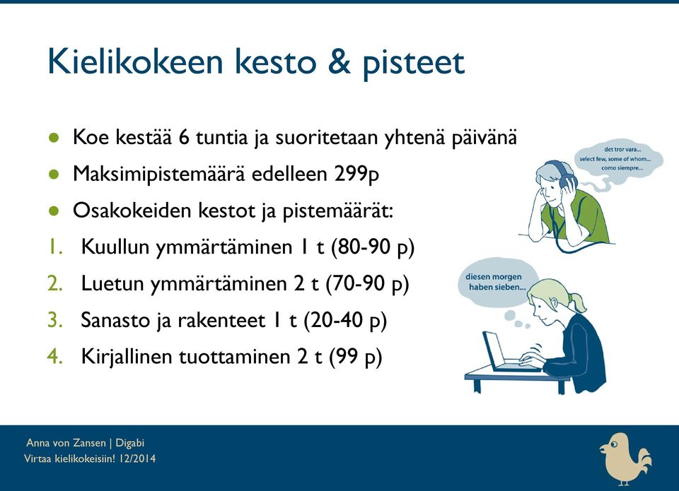 pistemäärät: 1. Kuullun ymmärtäminen 1 t (80-90 p) 2.