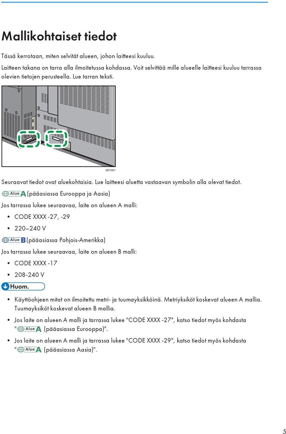 Lue laitteesi aluetta vastaavan symbolin alla olevat tiedot.