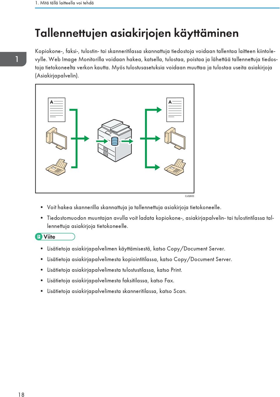 Myös tulostusasetuksia voidaan muuttaa ja tulostaa useita asiakirjoja (Asiakirjapalvelin). CJQ603 Voit hakea skannerilla skannattuja ja tallennettuja asiakirjoja tietokoneelle.