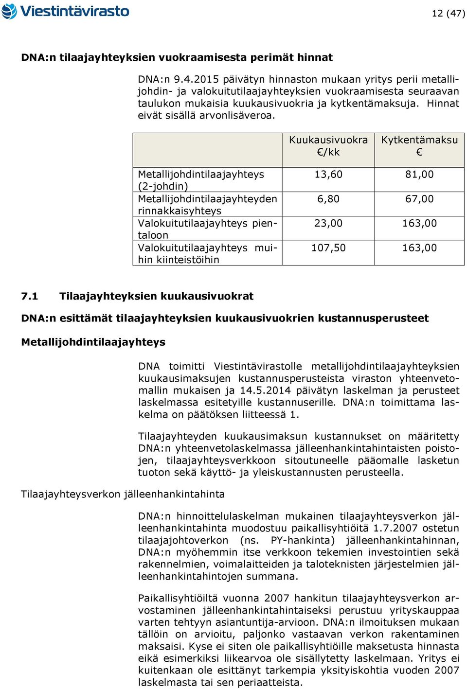 Kuukausivuokra /kk Kytkentämaksu Metallijohdintilaajayhteys (2-johdin) Metallijohdintilaajayhteyden rinnakkaisyhteys Valokuitutilaajayhteys pientaloon Valokuitutilaajayhteys muihin kiinteistöihin