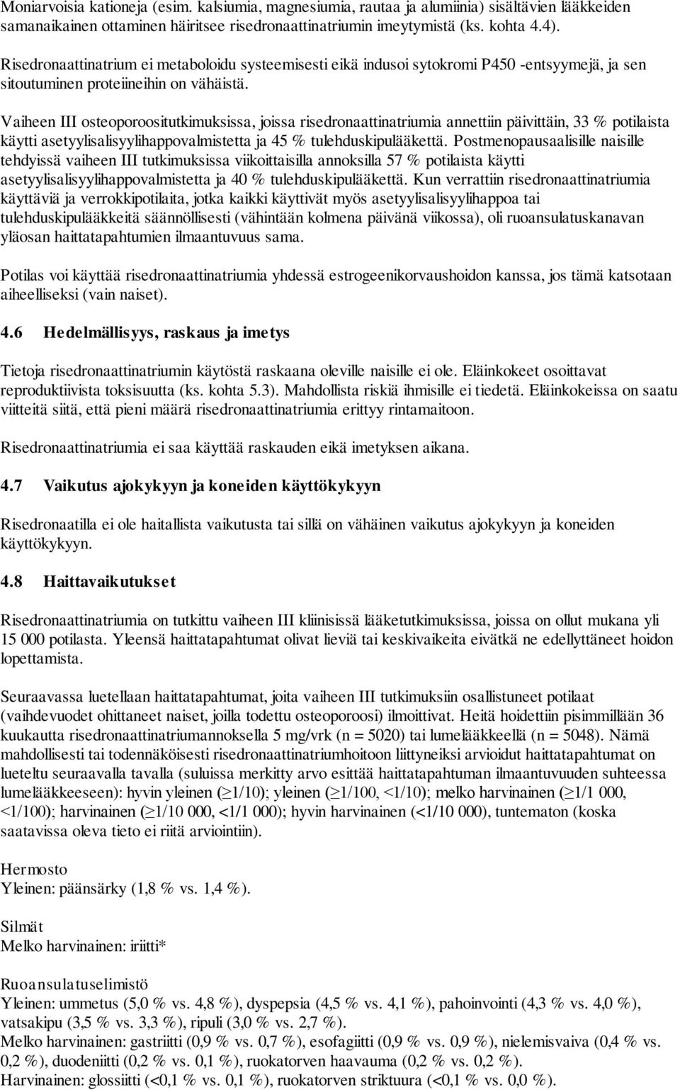 Vaiheen III osteoporoositutkimuksissa, joissa risedronaattinatriumia annettiin päivittäin, 33 % potilaista käytti asetyylisalisyylihappovalmistetta ja 45 % tulehduskipulääkettä.