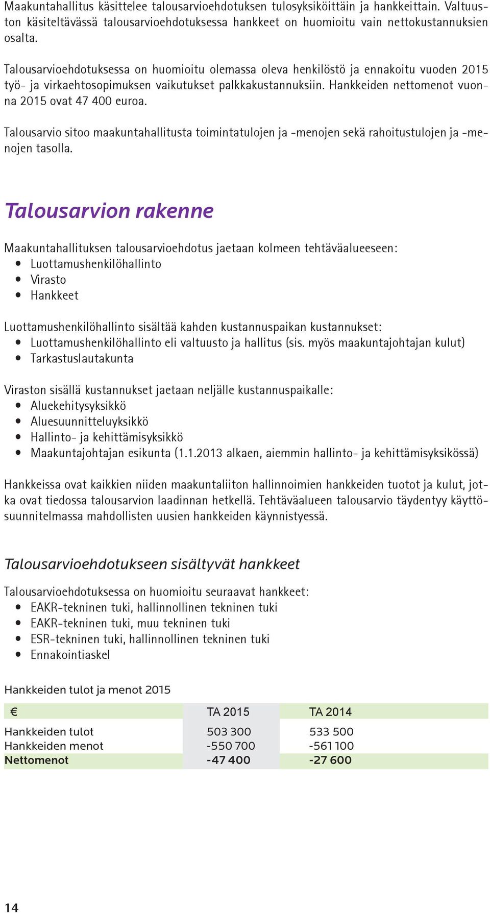 Hankkeiden nettomenot vuonna 2015 ovat 47 400 euroa. Talousarvio sitoo maakuntahallitusta toimintatulojen ja -menojen sekä rahoitustulojen ja -menojen tasolla.