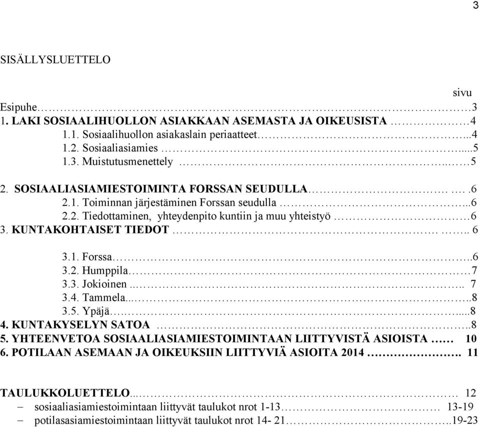 3. Jokioinen..... 7 3.4. Tammela.....8 3.5. Ypäjä....8 4. KUNTAKYSELYN SATOA..8 5. YHTEENVETOA SOSIAALIASIAMIESTOIMINTAAN LIITTYVISTÄ ASIOISTA 10 6.