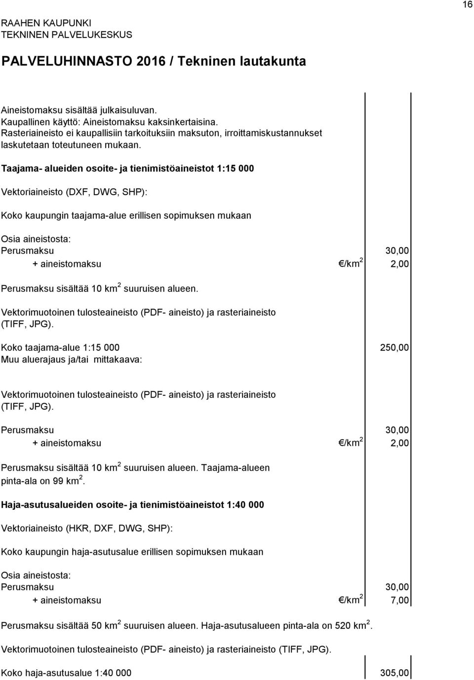 Taajama- alueiden osoite- ja tienimistöaineistot 1:15 000 Vektoriaineisto (DXF, DWG, SHP): Koko kaupungin taajama-alue erillisen sopimuksen mukaan Osia aineistosta: Perusmaksu 30,00 + aineistomaksu