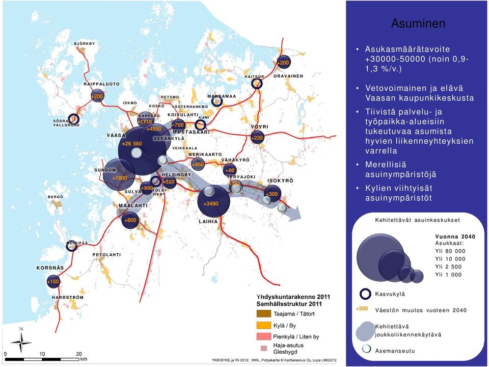 ) Vetovoimainen ja elävä Vaasan kaupunkikeskusta Tiivistä palvelu- ja työpaikka-alueisiin tukeutuvaa asumista hyvien liikenneyhteyksien varrella Merellisiä asuinympäristöjä Kylien viihtyisät