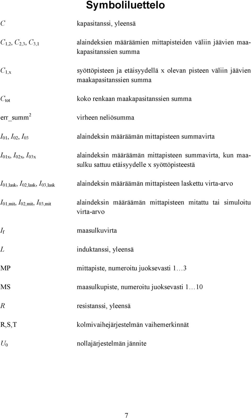 alaindeksin määräämän mittapisteen summavirta alaindeksin määräämän mittapisteen summavirta, kun maasulku sattuu etäisyydelle x syöttöpisteestä alaindeksin määräämän mittapisteen laskettu virta-arvo