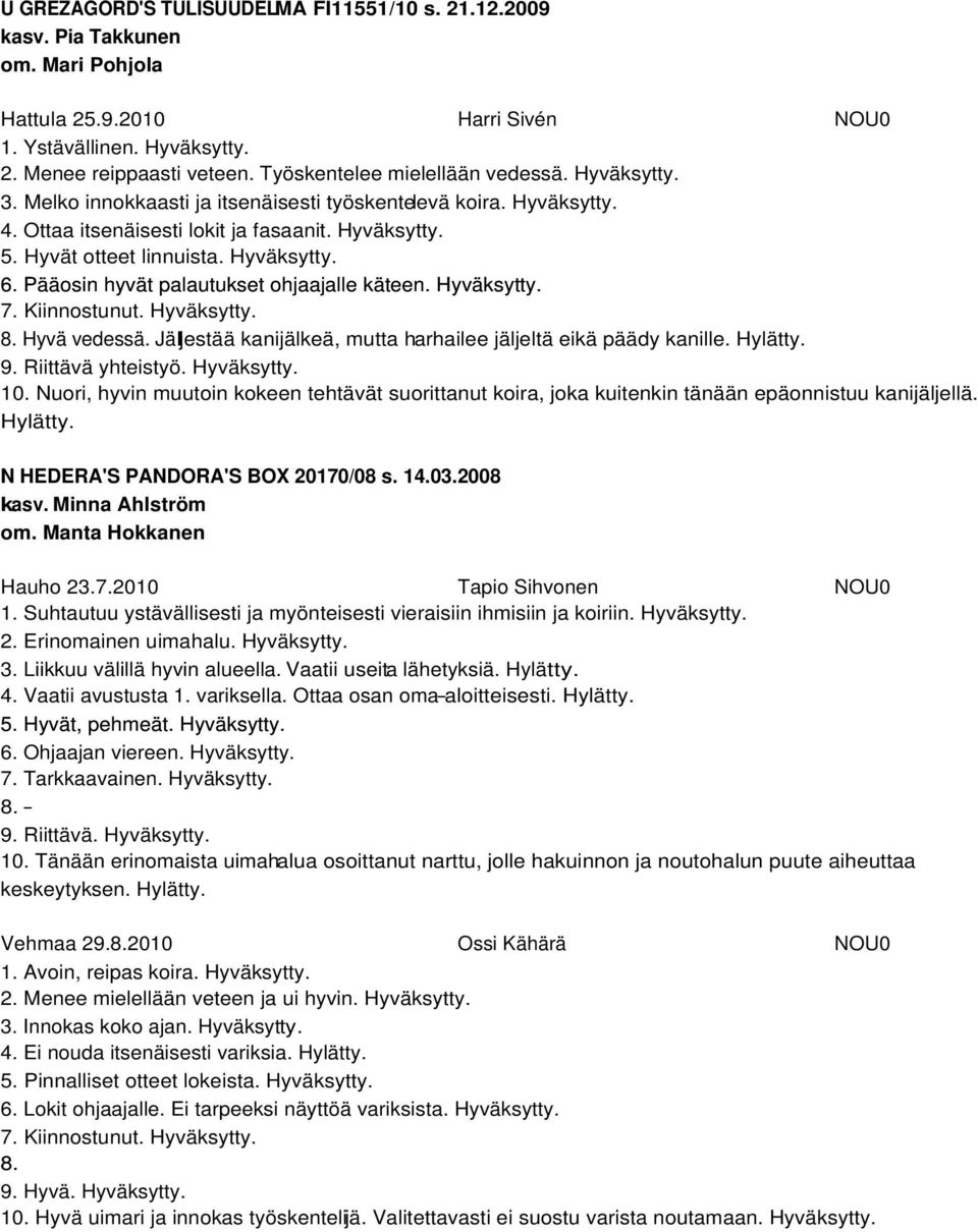 Hyväksytty. 6. Pääosin hyvät palautukset ohjaajalle käteen. Hyväksytty. 7. Kiinnostunut. Hyväksytty. Hyvä vedessä. Jäljestää kanijälkeä, mutta harhailee jäljeltä eikä päädy kanille. Hylätty. 9.