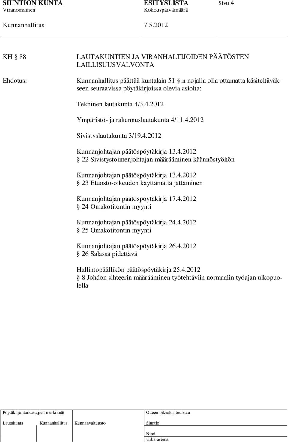 4.2012 23 Etuosto-oikeuden käyttämättä jättäminen Kunnanjohtajan päätöspöytäkirja 17.4.2012 24 Omakotitontin myynti Kunnanjohtajan päätöspöytäkirja 24.4.2012 25 Omakotitontin myynti Kunnanjohtajan päätöspöytäkirja 26.