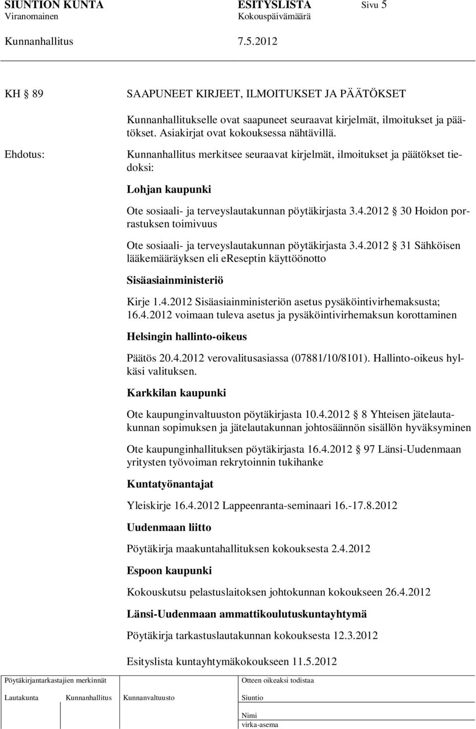 2012 30 Hoidon porrastuksen toimivuus Ote sosiaali- ja terveyslautakunnan pöytäkirjasta 3.4.2012 31 Sähköisen lääkemääräyksen eli ereseptin käyttöönotto Sisäasiainministeriö Kirje 1.4.2012 Sisäasiainministeriön asetus pysäköintivirhemaksusta; 16.