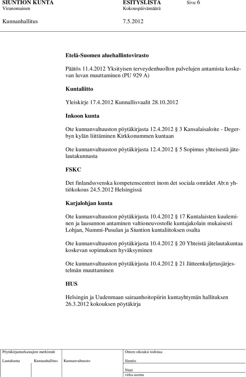 5.2012 Helsingissä Karjalohjan kunta Ote kunnanvaltuuston pöytäkirjasta 10.4.