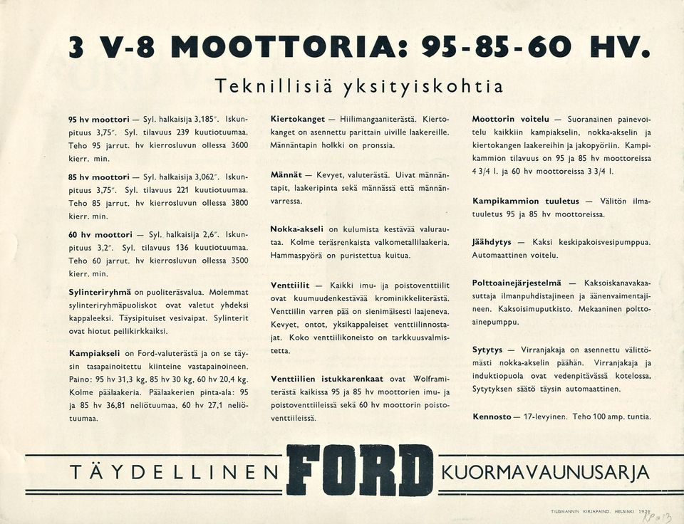 halkaisi 2,6" Iskunpituus 3,2" Syl tilavuus 136 kuutiotuumaa Teho 60 rrut, hv kierrosluvun ollessa 3500 kierr min Sylinteriryhmä on puoliteräsvalua Molemmat sylinteriryhmäpuoliskot ovat valetut