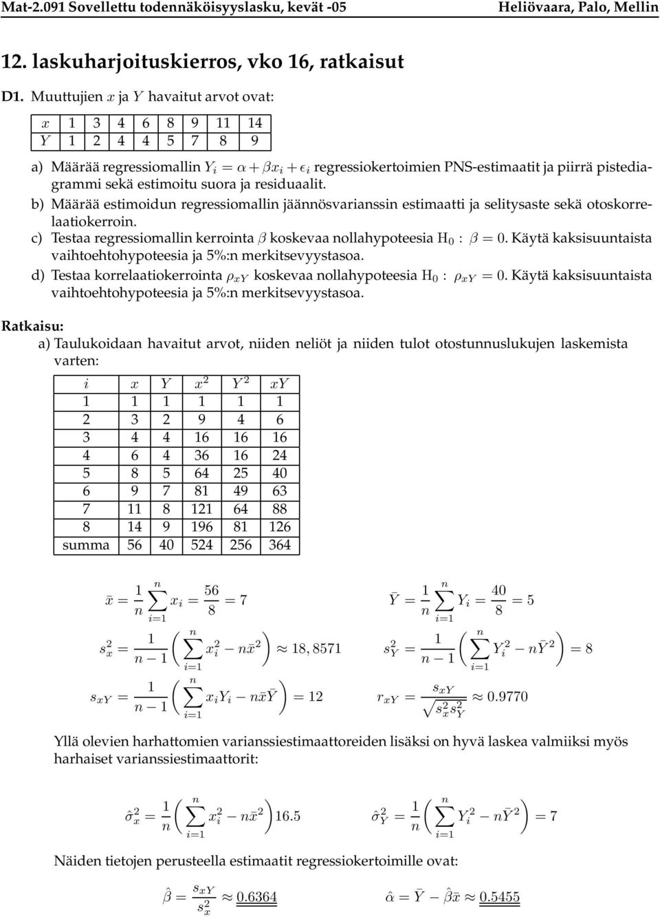 reiduaalit. b) Määrää etimoidun regreiomallin jäännövarianin etimaatti ja elityate ekä otokorrelaatiokerroin. c) Tetaa regreiomallin kerrointa β kokevaa nollahypoteeia H 0 : β = 0.