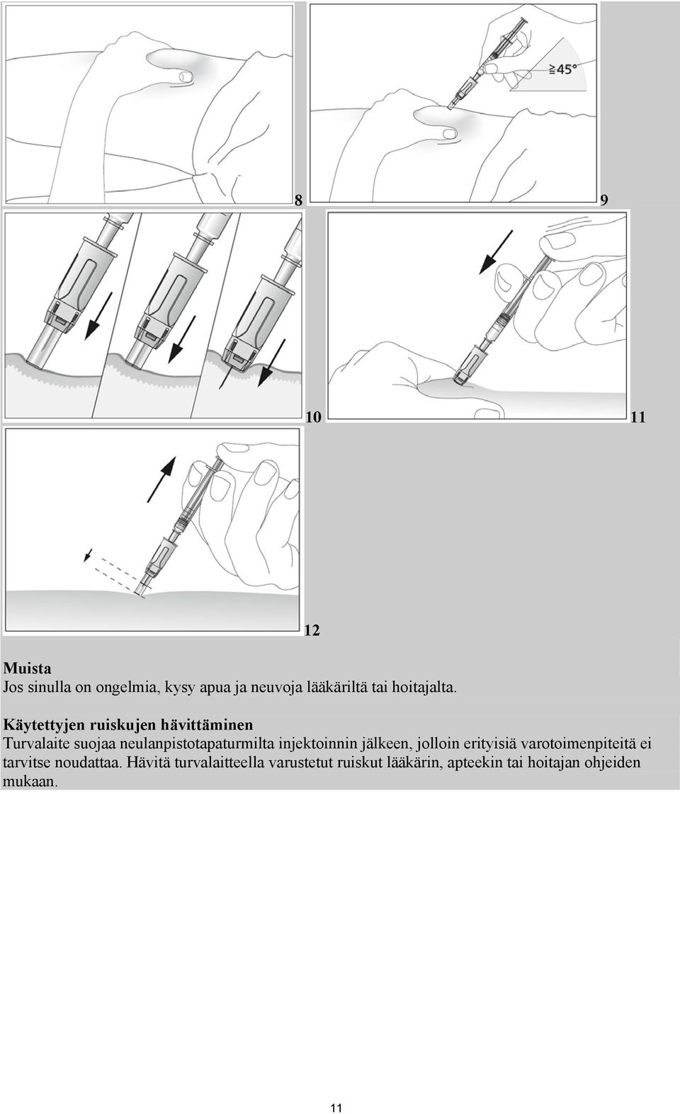 12 Käytettyjen ruiskujen hävittäminen Turvalaite suojaa neulanpistotapaturmilta