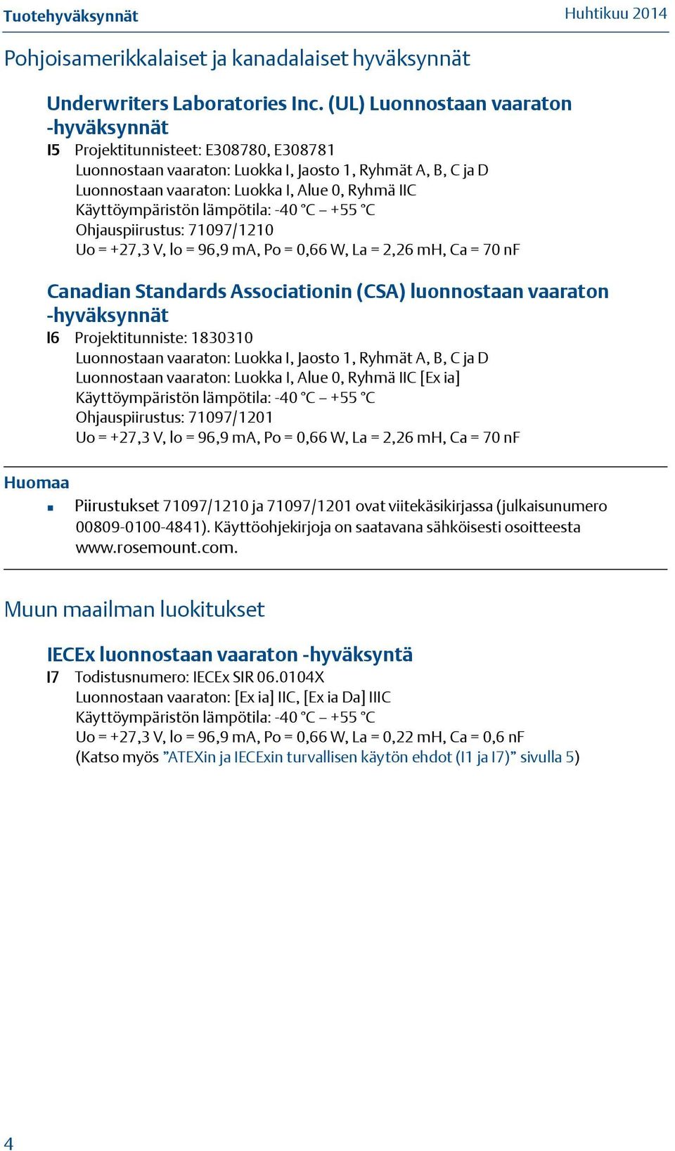 Käyttöympäristön lämpötila: -40 C +55 C Ohjauspiirustus: 71097/1210 Uo = +27,3 V, lo = 96,9 ma, Po = 0,66 W, La = 2,26 mh, Ca = 70 nf Canadian Standards Associationin (CSA) luonnostaan vaaraton