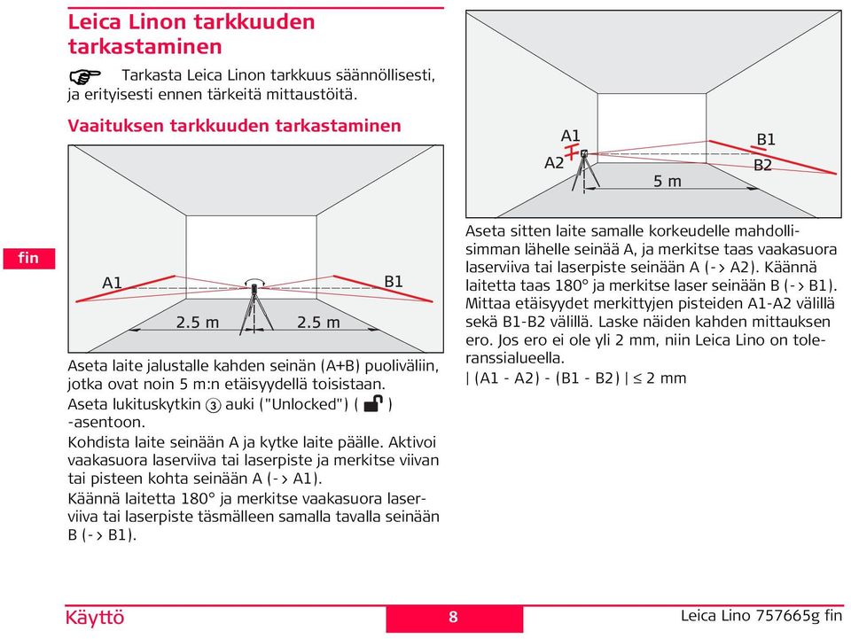 Kohdista laite seinään A ja kytke laite päälle. Aktivoi vaakasuora laserviiva tai laserpiste ja erkitse viivan tai pisteen kohta seinään A (-> A1).