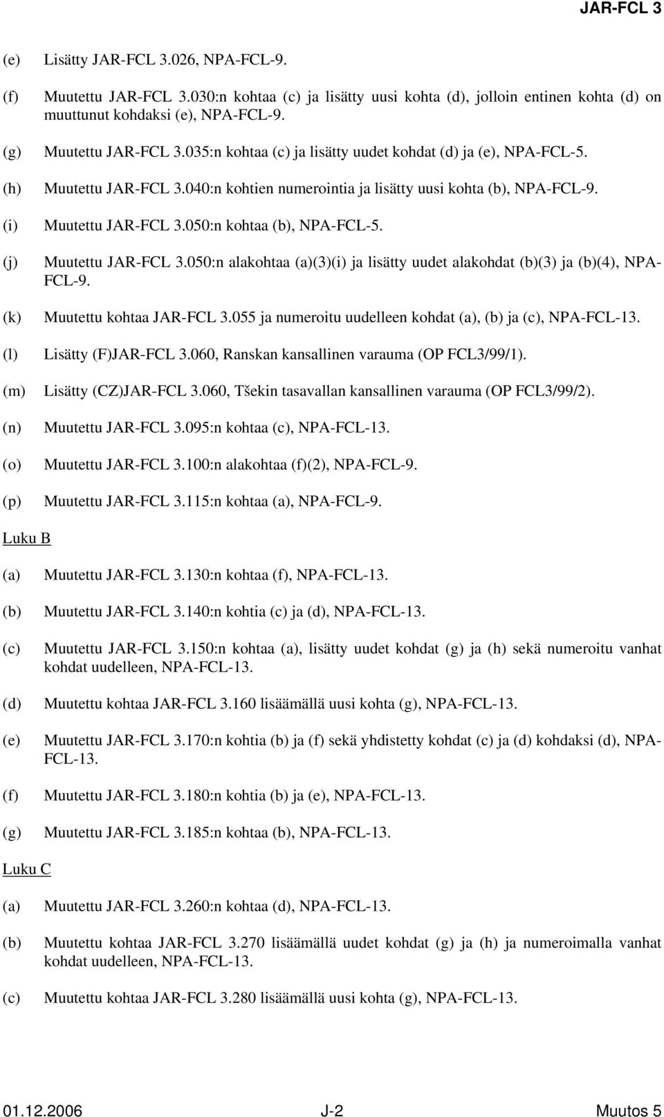 Muutettu JAR-FCL 3.040:n kohtien numerointia ja lisätty uusi kohta (b), NPA-FCL-9. Muutettu JAR-FCL 3.050:n kohtaa (b), NPA-FCL-5. Muutettu JAR-FCL 3.050:n alakohtaa (a)(3)(i) ja lisätty uudet alakohdat (b)(3) ja (b)(4), NPA- FCL-9.