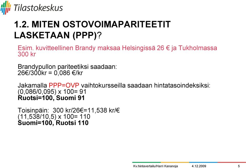 saadaan: 26 /300kr = 0,086 /kr Jakamalla PPP=OVP vaihtokursseilla saadaan hintatasoindeksiksi: