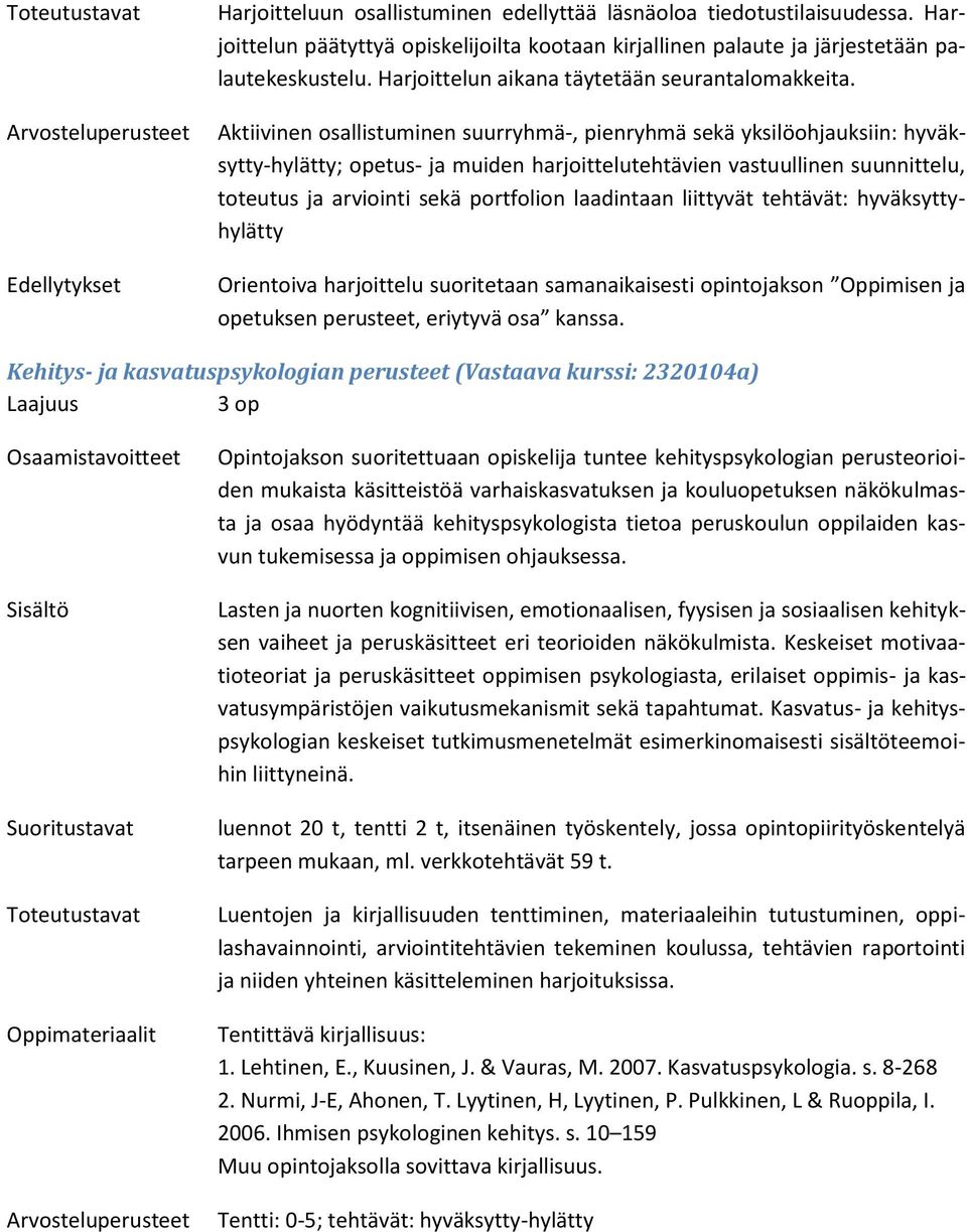 Aktiivinen osallistuminen suurryhmä-, pienryhmä sekä yksilöohjauksiin: hyväksytty-hylätty; opetus- ja muiden harjoittelutehtävien vastuullinen suunnittelu, toteutus ja arviointi sekä portfolion