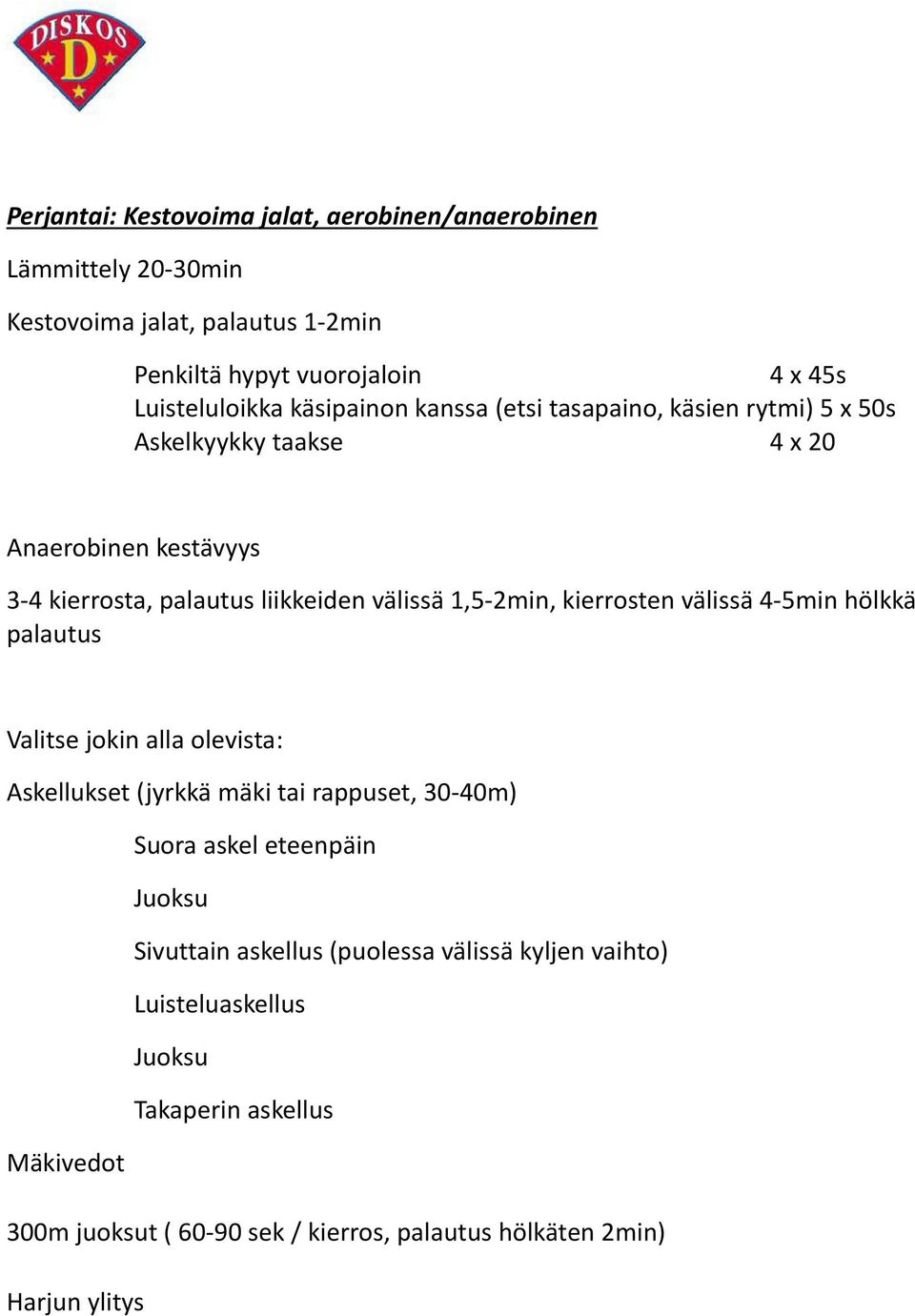 kierrosten välissä 4-5min hölkkä palautus Valitse jokin alla olevista: Askellukset (jyrkkä mäki tai rappuset, 30-40m) Suora askel eteenpäin Juoksu Sivuttain