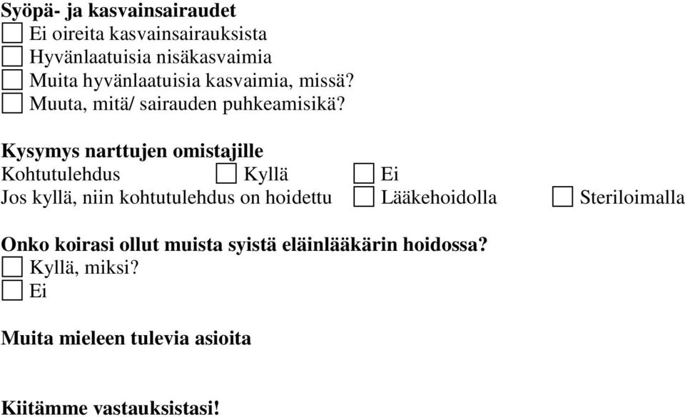 Kysymys narttujen omistajille Kohtutulehdus Kyllä Jos kyllä, niin kohtutulehdus on hoidettu