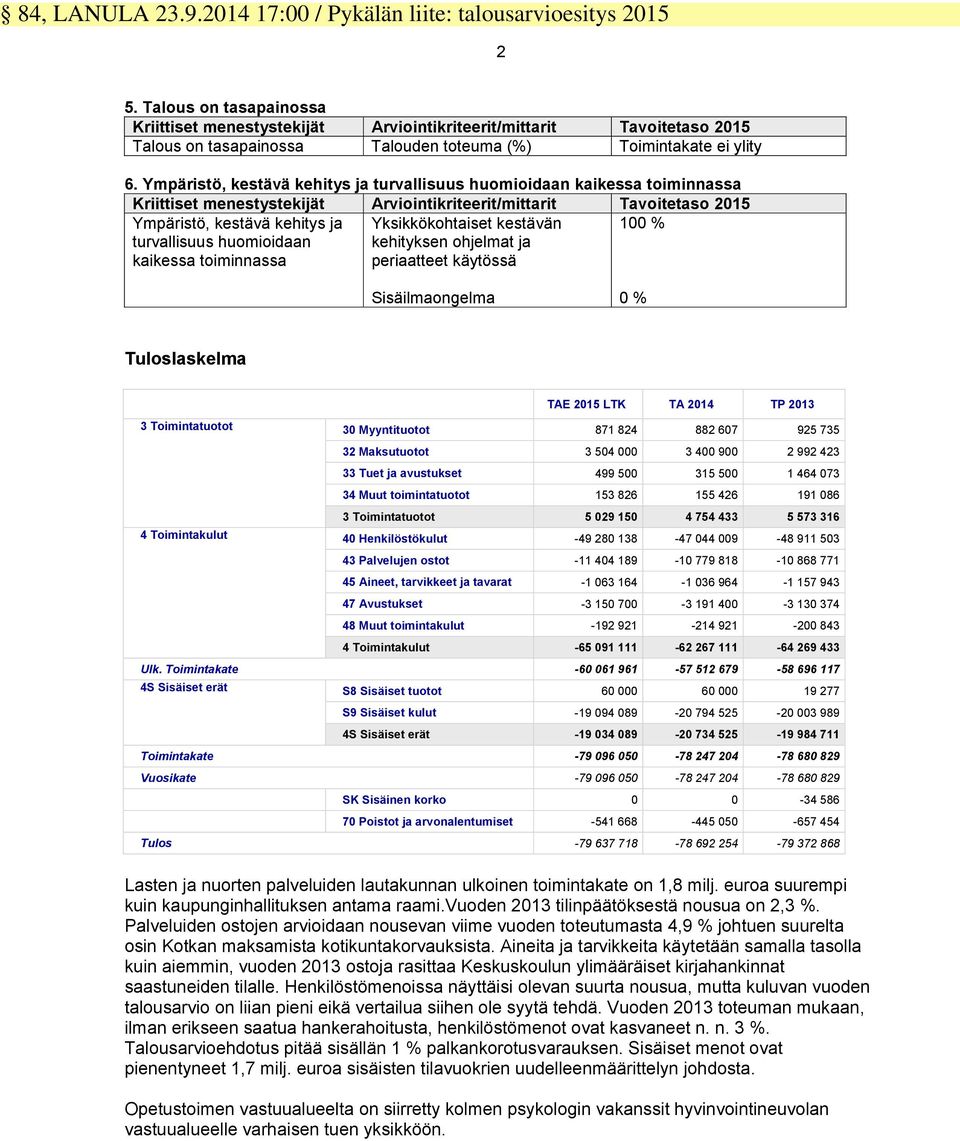 Ympäristö, kestävä kehitys ja turvallisuus huomioidaan kaikessa toiminnassa Kriittiset menestystekijät Arviointikriteerit/mittarit Tavoitetaso 2015 Ympäristö, kestävä kehitys ja turvallisuus