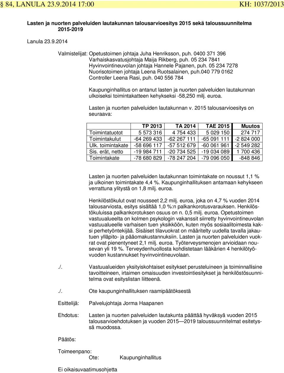 040 779 0162 Controller Leena Rasi, puh. 040 556 784 Kaupunginhallitus on antanut lasten ja nuorten palveluiden lautakunnan ulkoiseksi toimintakatteen kehykseksi -58,250 milj. euroa.