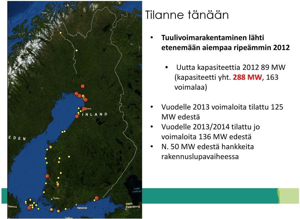 288 MW, 163 voimalaa) Vuodelle 2013 voimaloita tilattu 125 MW edestä