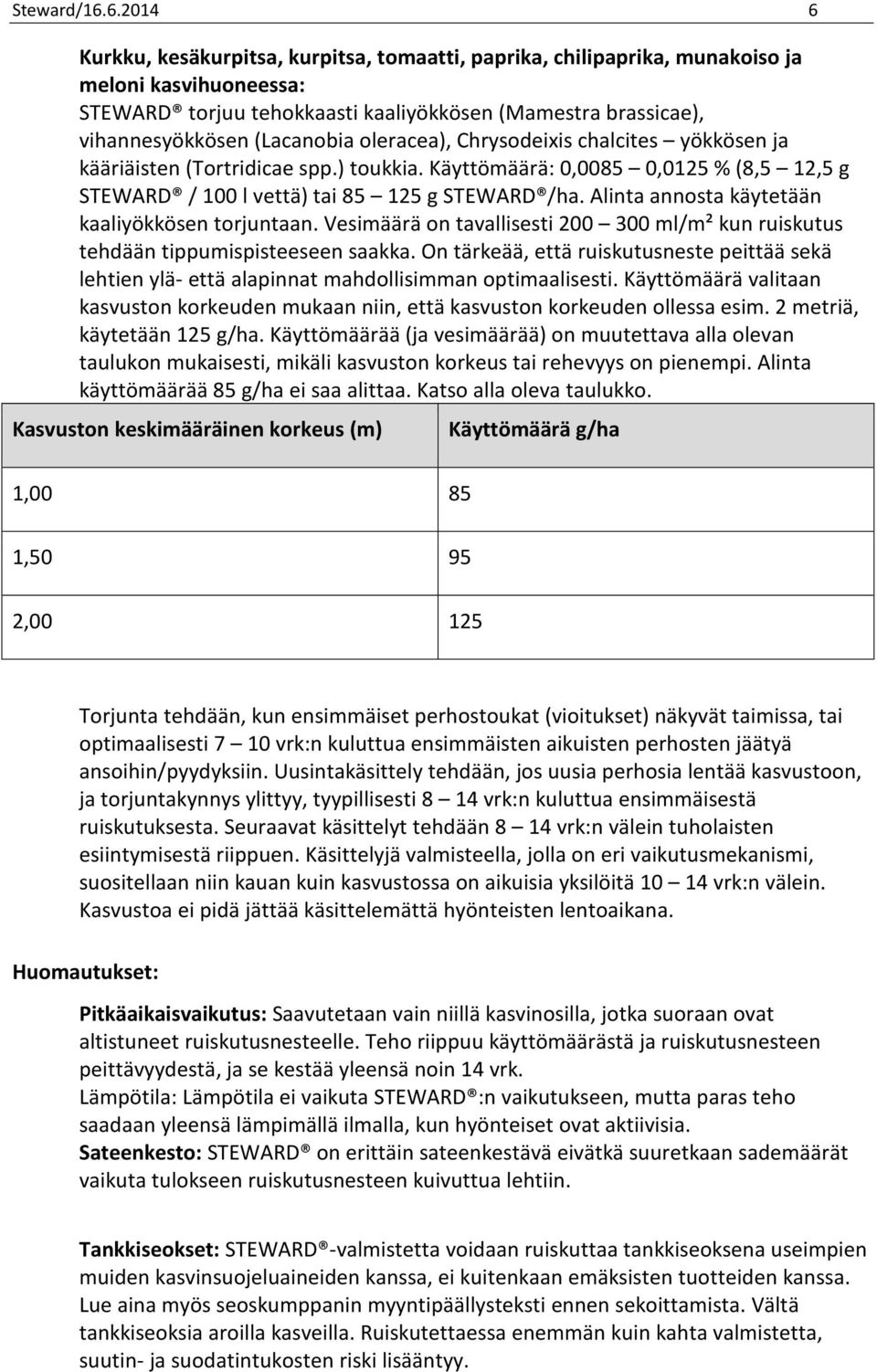 (Lacanobia oleracea), Chrysodeixis chalcites yökkösen ja kääriäisten (Tortridicae spp.) toukkia. Käyttömäärä: 0,0085 0,0125 % (8,5 12,5 g STEWARD / 100 l vettä) tai 85 125 g STEWARD /ha.