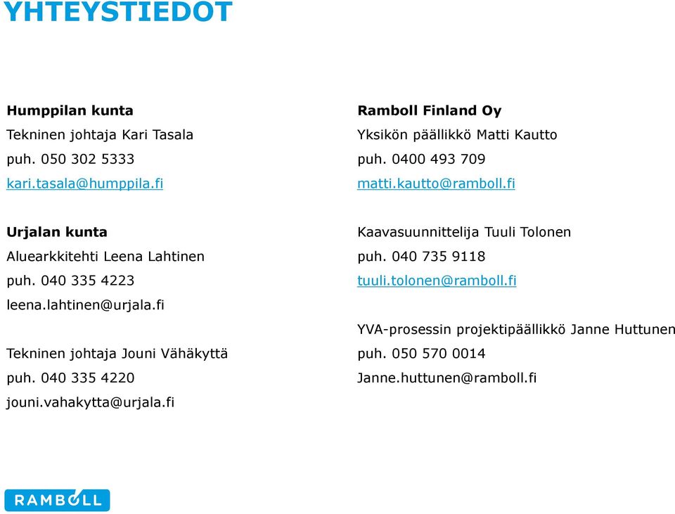 fi Urjalan kunta Aluearkkitehti Leena Lahtinen puh. 040 335 4223 leena.lahtinen@urjala.fi Tekninen johtaja Jouni Vähäkyttä puh.