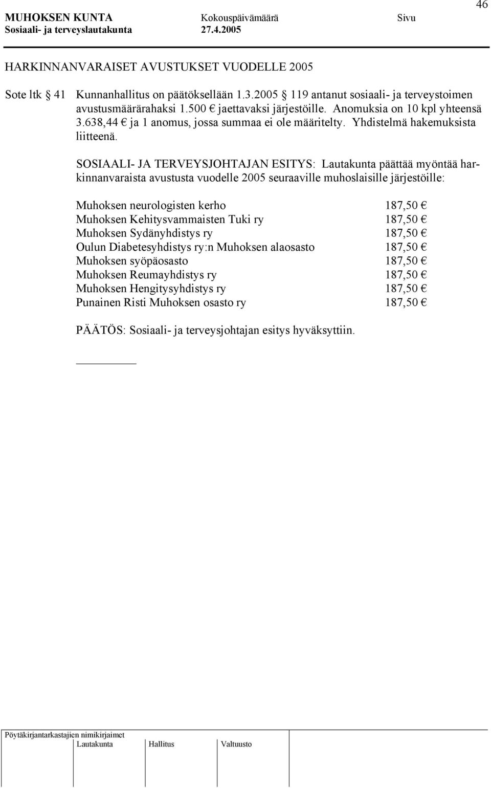 SOSIAALI- JA TERVEYSJOHTAJAN ESITYS: Lautakunta päättää myöntää harkinnanvaraista avustusta vuodelle 2005 seuraaville muhoslaisille järjestöille: Muhoksen neurologisten kerho 187,50 Muhoksen
