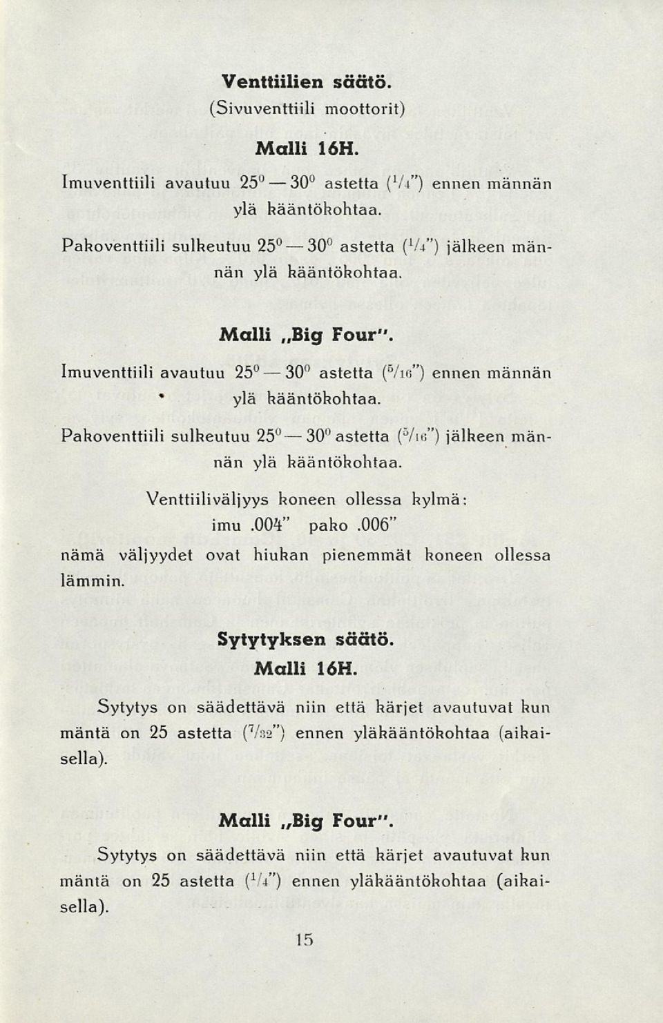 astetta ( 8 /ie") ennen männän Pahoventtiili sulheutuu 25 30 astetta ( /ie") jälheen männän ylä hääntöhohtaa. Venttiiliväljyys honeen ollessa hylmä: imu.004" paho.