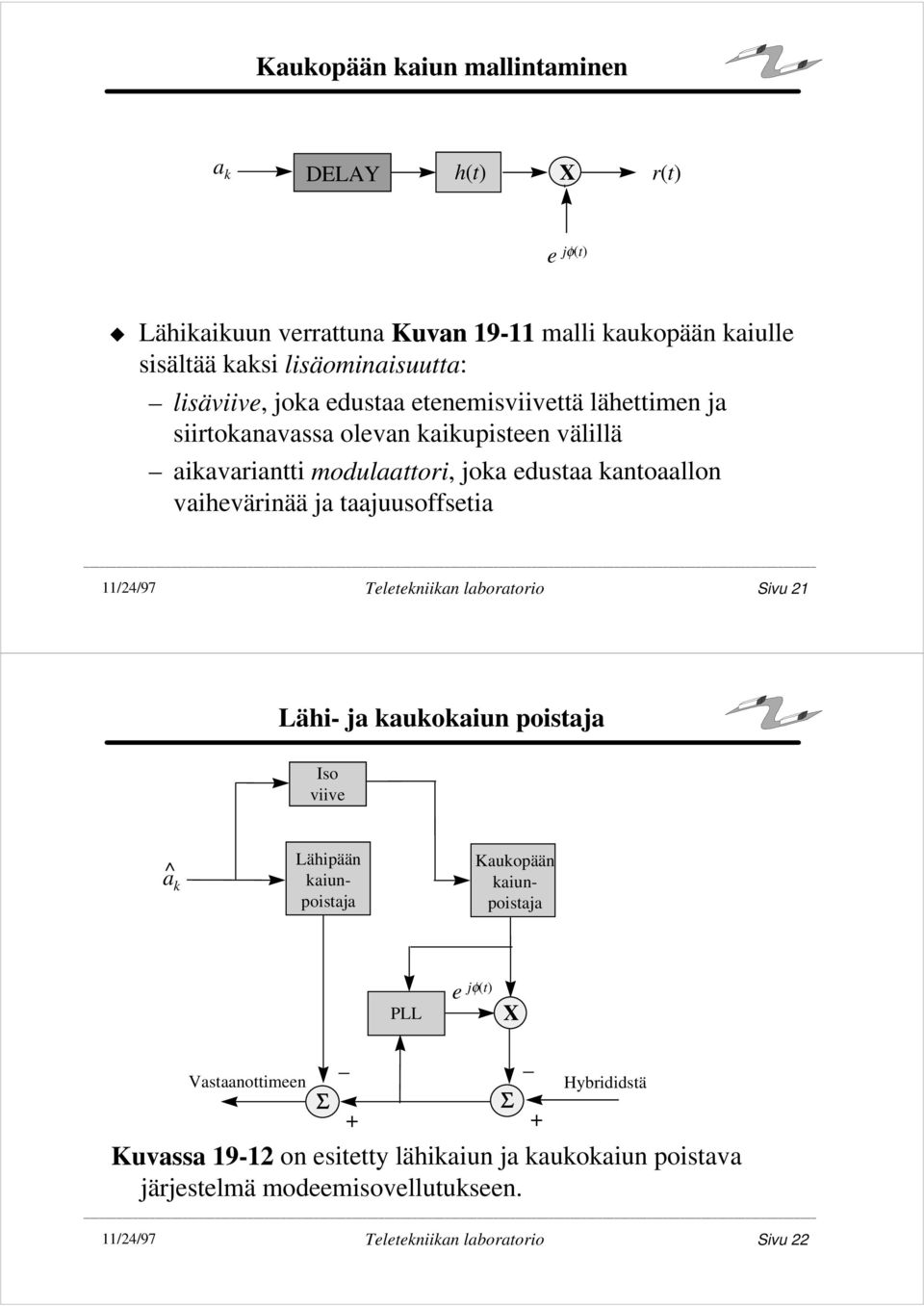 taajuusoffsetia 11/24/97 Teletekniikan laboratorio Sivu 21 Lähi ja kaukokaiun poistaja Iso viive a^ k Lähipään kaiunpoistaja Kaukopään kaiunpoistaja PLL e jφ(t) X