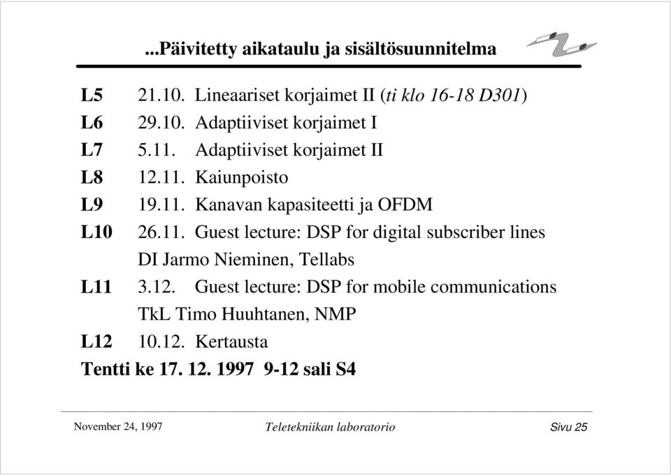 12. Guest lecture: DSP for mobile communications TkL Timo Huuhtanen, NMP L12 10.12. Kertausta Tentti ke 17. 12.