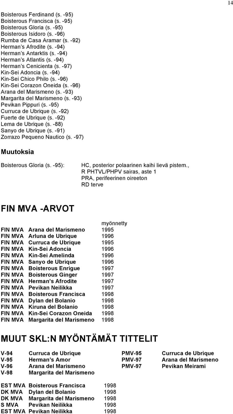 -93) Margarita del Marismeno (s. -93) Pevikan Pippuri (s. -95) Curruca de Ubrique (s. -92) Fuerte de Ubrique (s. -92) Lema de Ubrique (s. -88) Sanyo de Ubrique (s. -91) Zorrazo Pequeno Nautico (s.