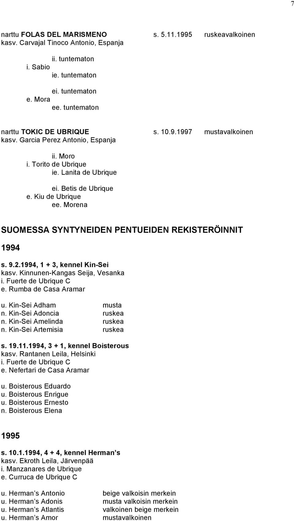 Morena SUOMESSA SYNTYNEIDEN PENTUEIDEN REKISTERÖINNIT 1994 s. 9.2.1994, 1 + 3, kennel Kin-Sei kasv. Kinnunen-Kangas Seija, Vesanka i. Fuerte de Ubrique C e. Rumba de Casa Aramar u.