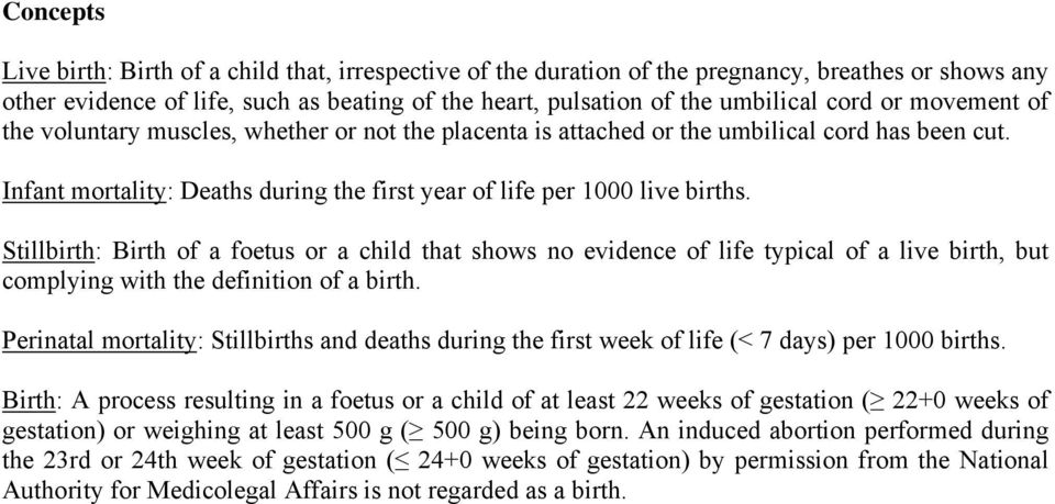 Stillbirth: Birth of a foetus or a child that shows no evidence of life typical of a live birth, but complying with the definition of a birth.