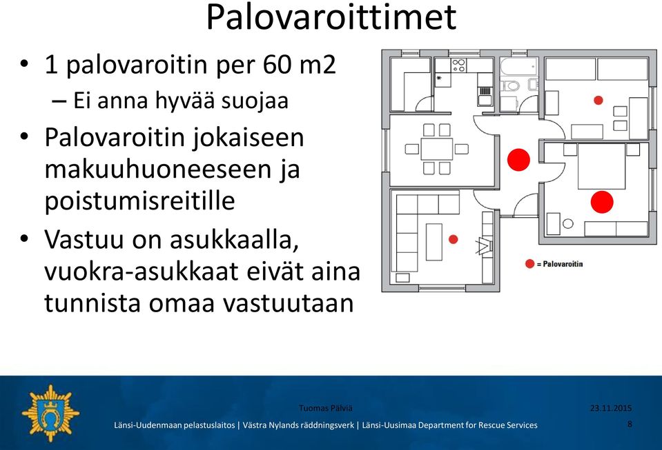 makuuhuoneeseen ja poistumisreitille Vastuu on