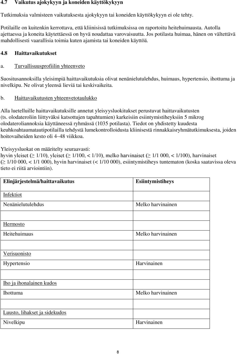 Jos potilasta huimaa, hänen on vältettävä mahdollisesti vaarallisia toimia kuten ajamista tai koneiden käyttöä. 4.8 Haittavaikutukset a.