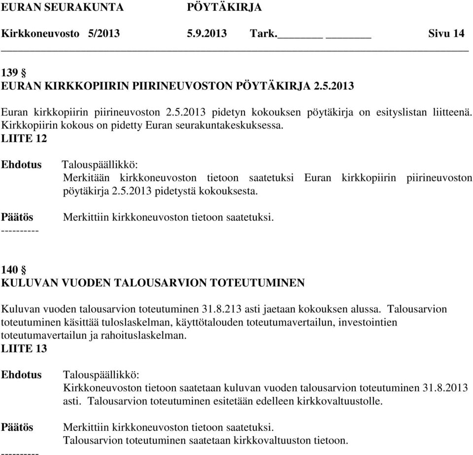140 KULUVAN VUODEN TALOUSARVION TOTEUTUMINEN Kuluvan vuoden talousarvion toteutuminen 31.8.213 asti jaetaan kokouksen alussa.