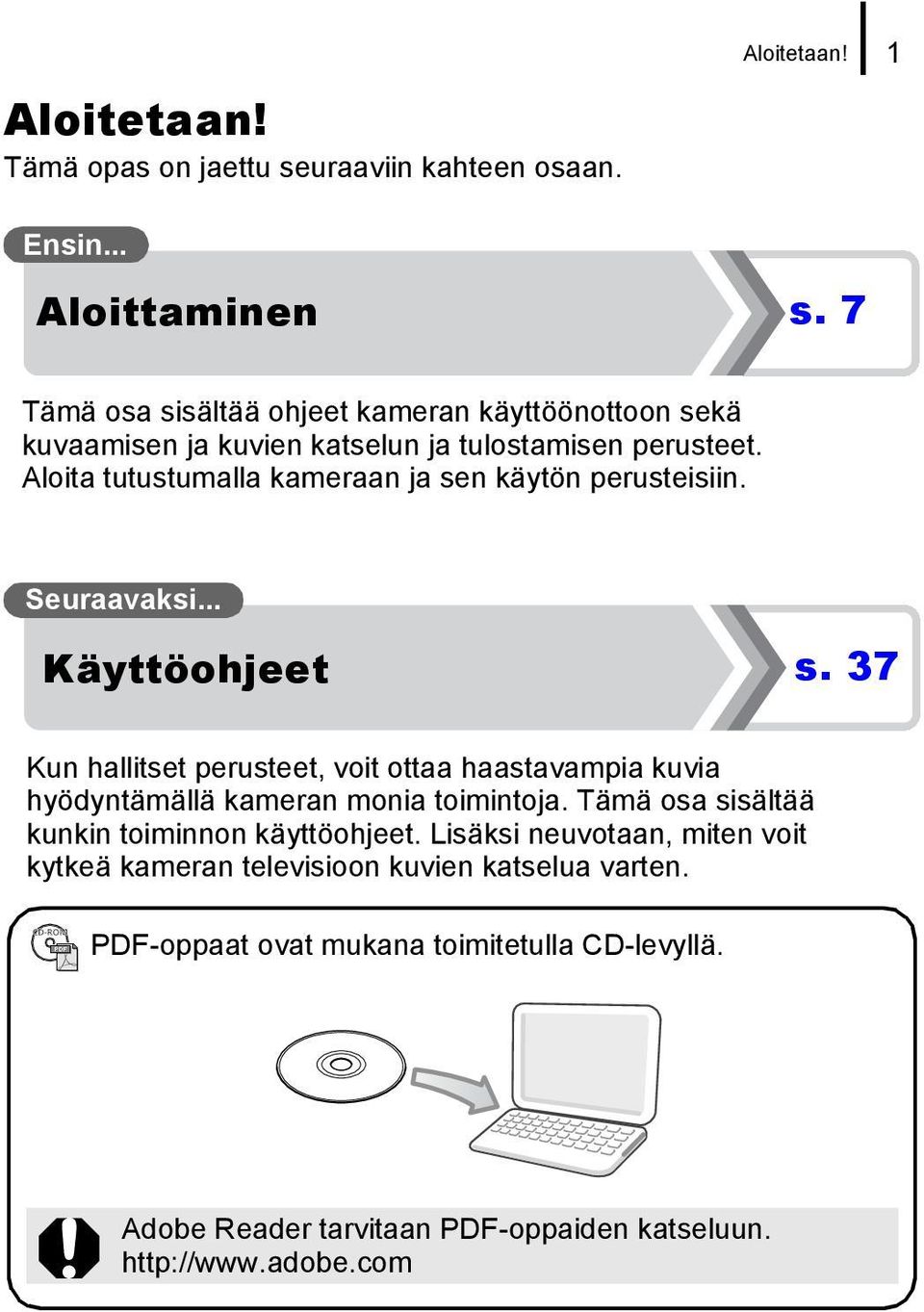 Aloita tutustumalla kameraan ja sen käytön perusteisiin. Seuraavaksi... Käyttöohjeet s.