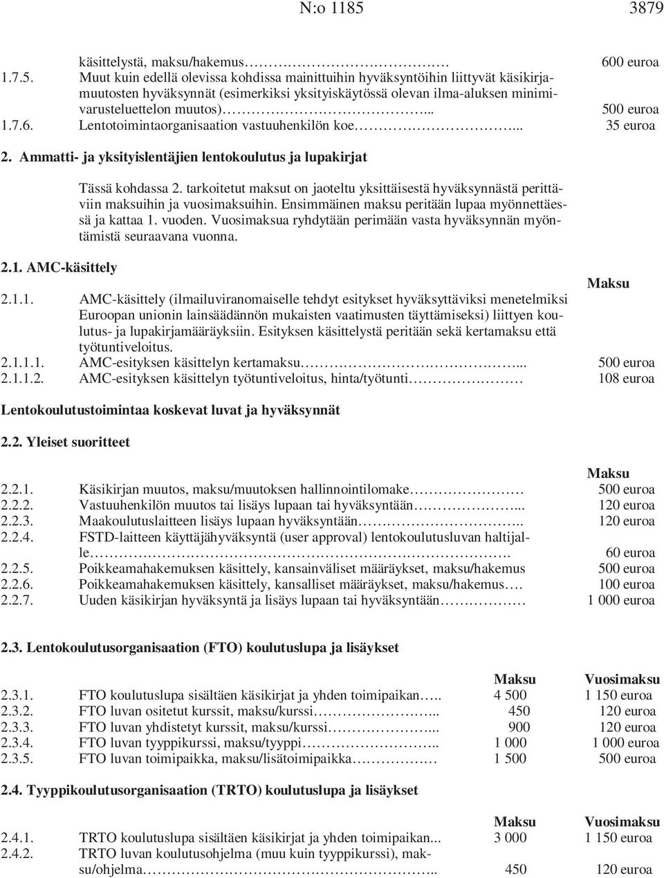 tarkoitetut maksut on jaoteltu yksittäisestä hyväksynnästä perittäviin maksuihin ja vuosimaksuihin. Ensimmäinen maksu peritään lupaa myönnettäessä ja kattaa 1. vuoden.